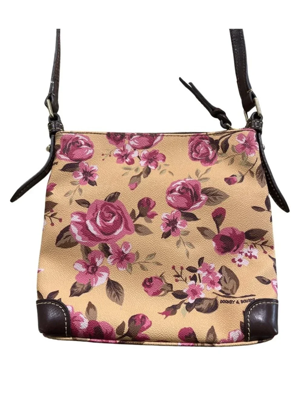 Dooney & Bourke Cabbage Rose Crossbody Bag Floral Carrier Brown-Leather-Trim